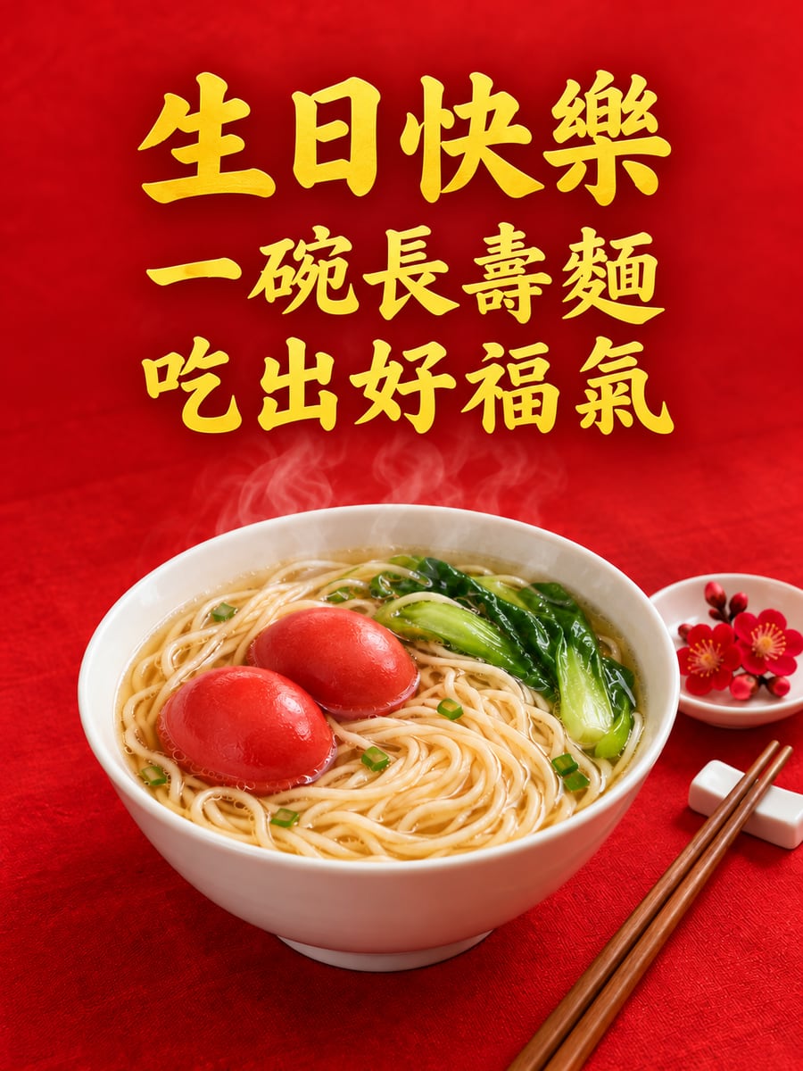 長壽麵紅蛋。圖中文字：生日快樂，一碗長壽麵，吃出好福氣