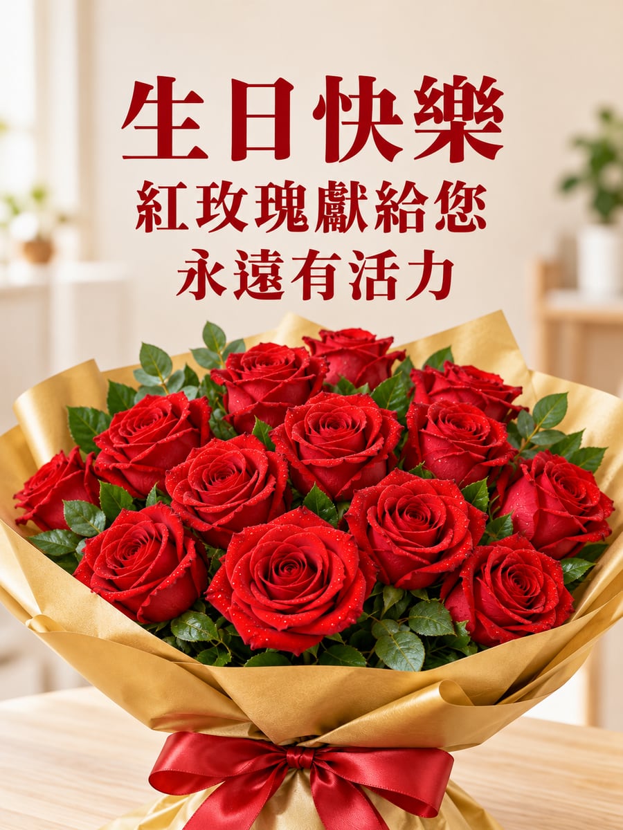 紅玫瑰花束。圖中文字：生日快樂，紅玫瑰獻給您，永遠有活力