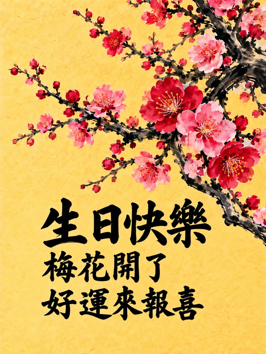 梅花枝頭報喜。圖中文字：生日快樂，梅花開了，好運來報喜