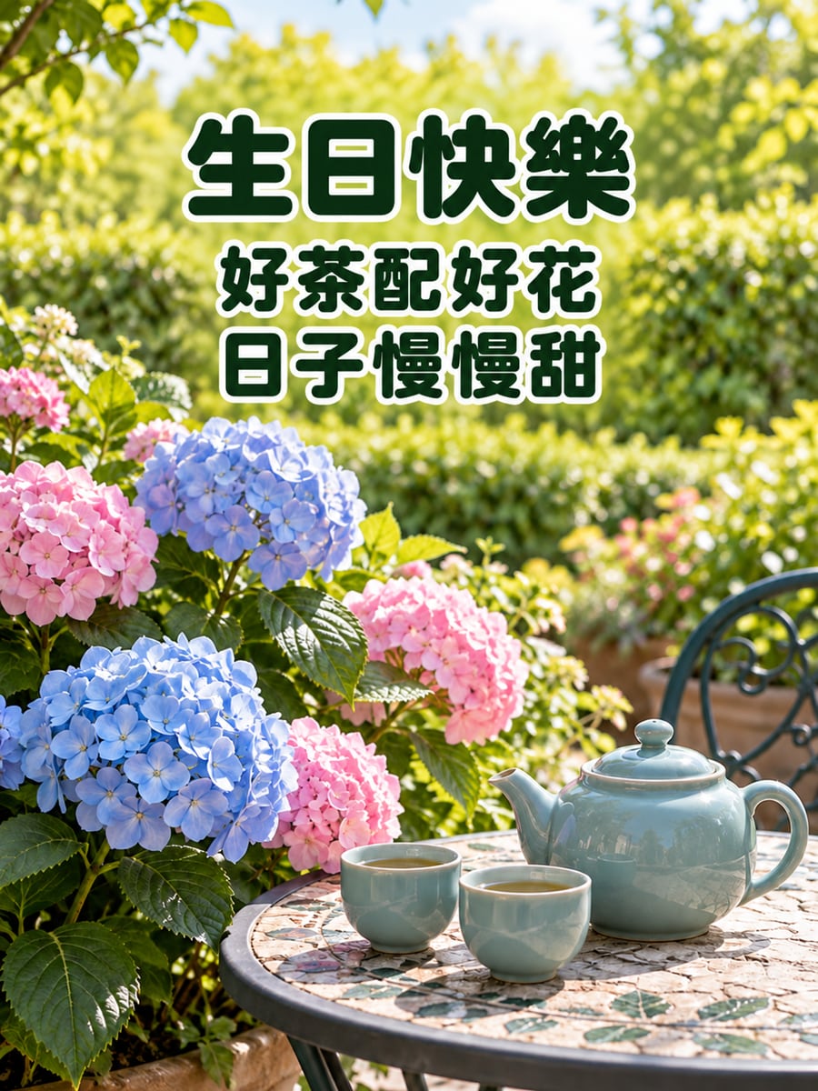 繡球花與茶壺。圖中文字：生日快樂，好茶配好花，日子慢慢甜