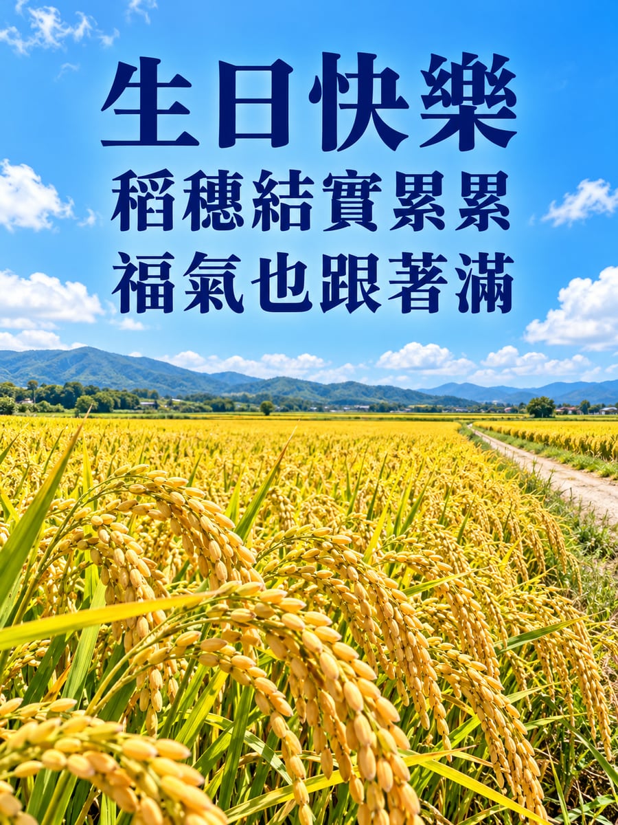 稻穗彎彎。圖中文字：生日快樂，稻穗結實累累，福氣也跟著滿