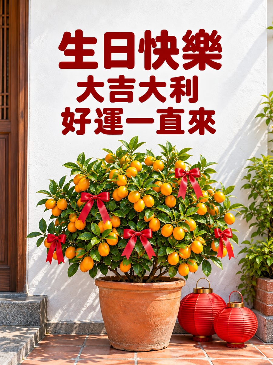 金桔盆栽。圖中文字：生日快樂，大吉大利，好運一直來
