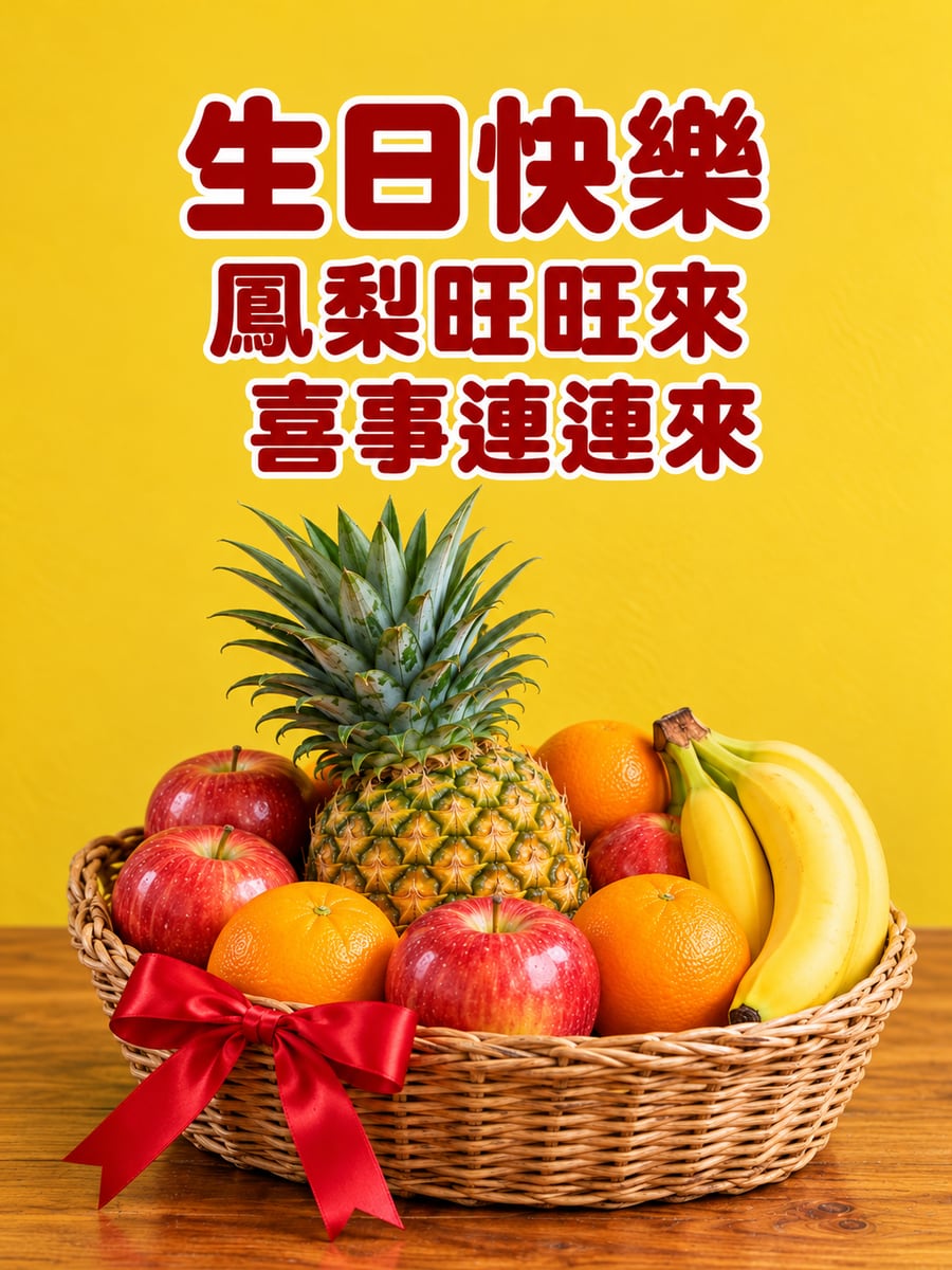 旺來水果籃。圖中文字：生日快樂，鳳梨旺旺來，喜事連連來