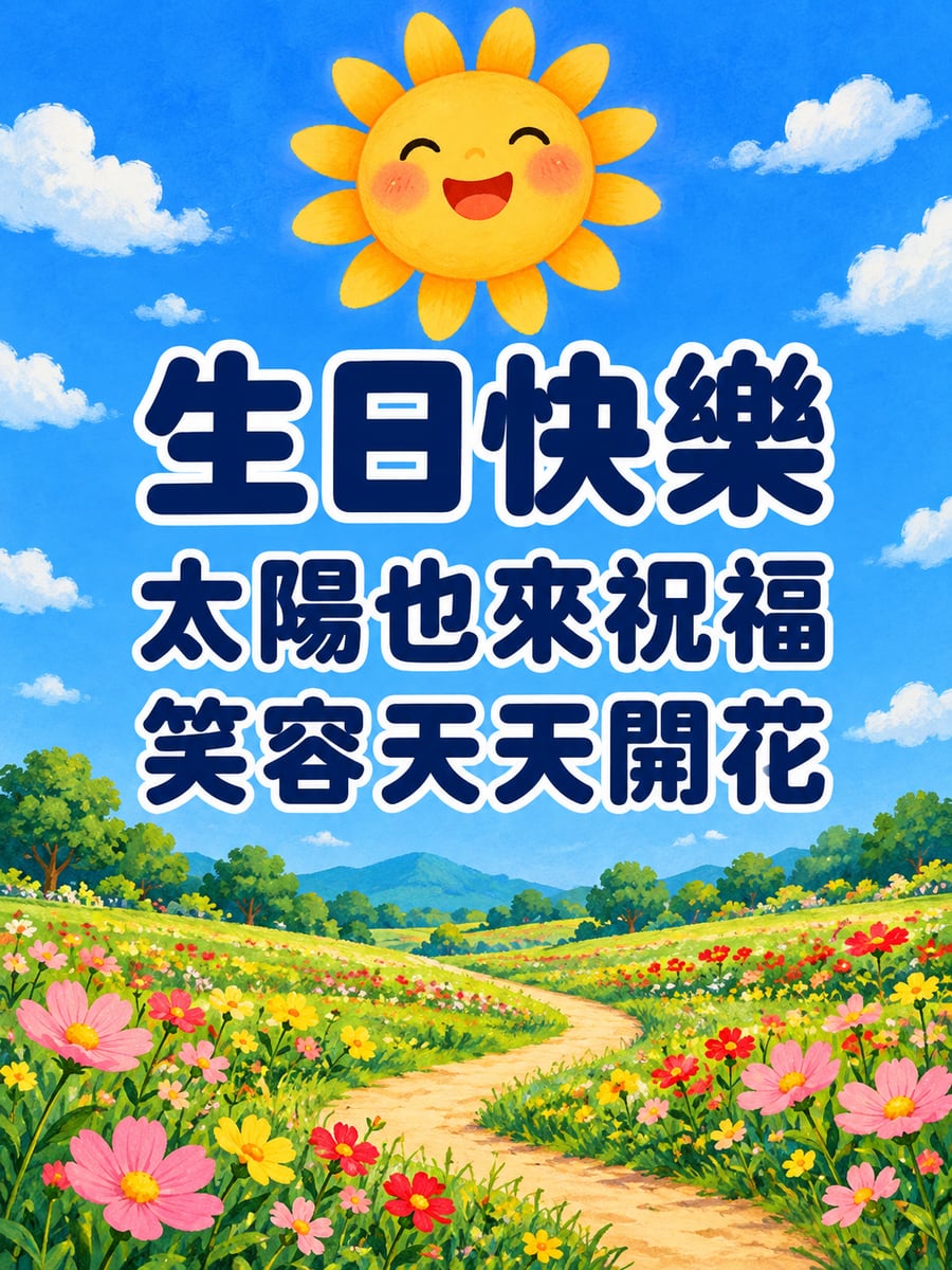 太陽公公笑臉。圖中文字：生日快樂，太陽也來祝福，笑容天天開花