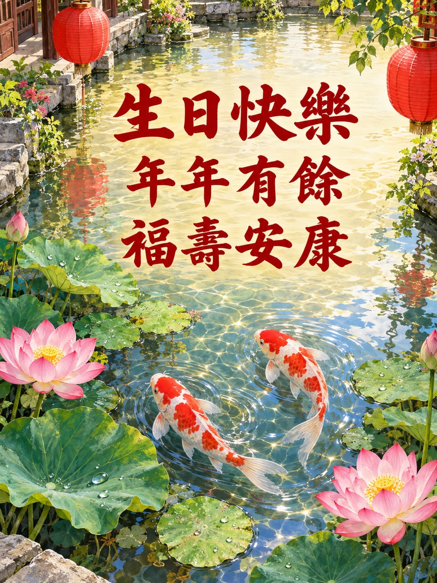 錦鯉遊池。圖中文字：生日快樂，年年有餘，福壽安康