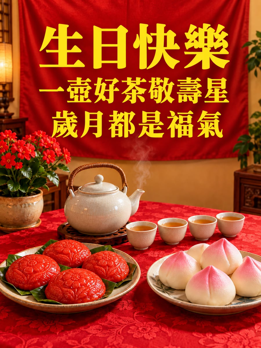 一壺好茶敬壽星。圖中文字：生日快樂，一壺好茶敬壽星，歲月都是福氣