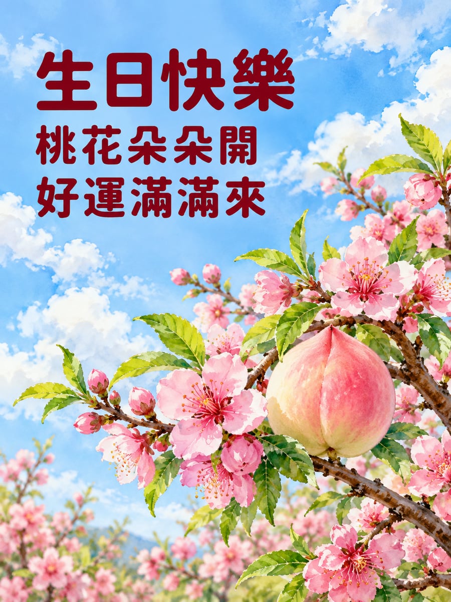 桃花朵朵開。圖中文字：生日快樂，桃花朵朵開，好運滿滿來
