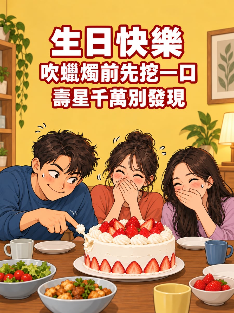 偷挖一口奶油。圖中文字：生日快樂，吹蠟燭前先挖一口，壽星千萬別發現