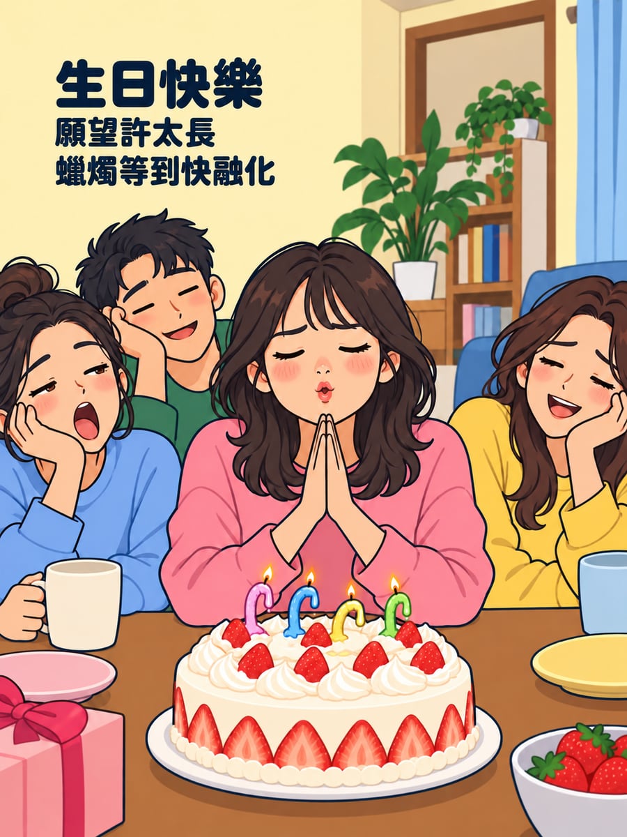願望太長蠟燭等不及。圖中文字：生日快樂，願望許太長，蠟燭等到快融化