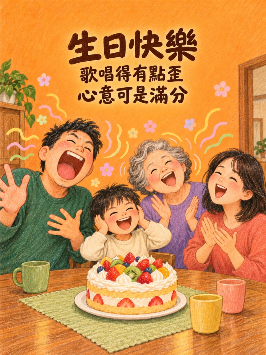 全家走音大合唱。圖中文字：生日快樂，歌唱得有點歪，心意可是滿分