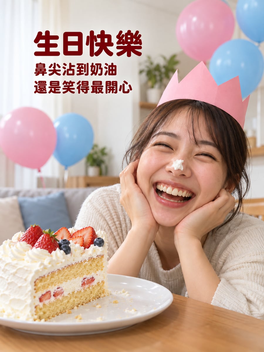 鼻尖沾到奶油。圖中文字：生日快樂，鼻尖沾到奶油，還是笑得最開心