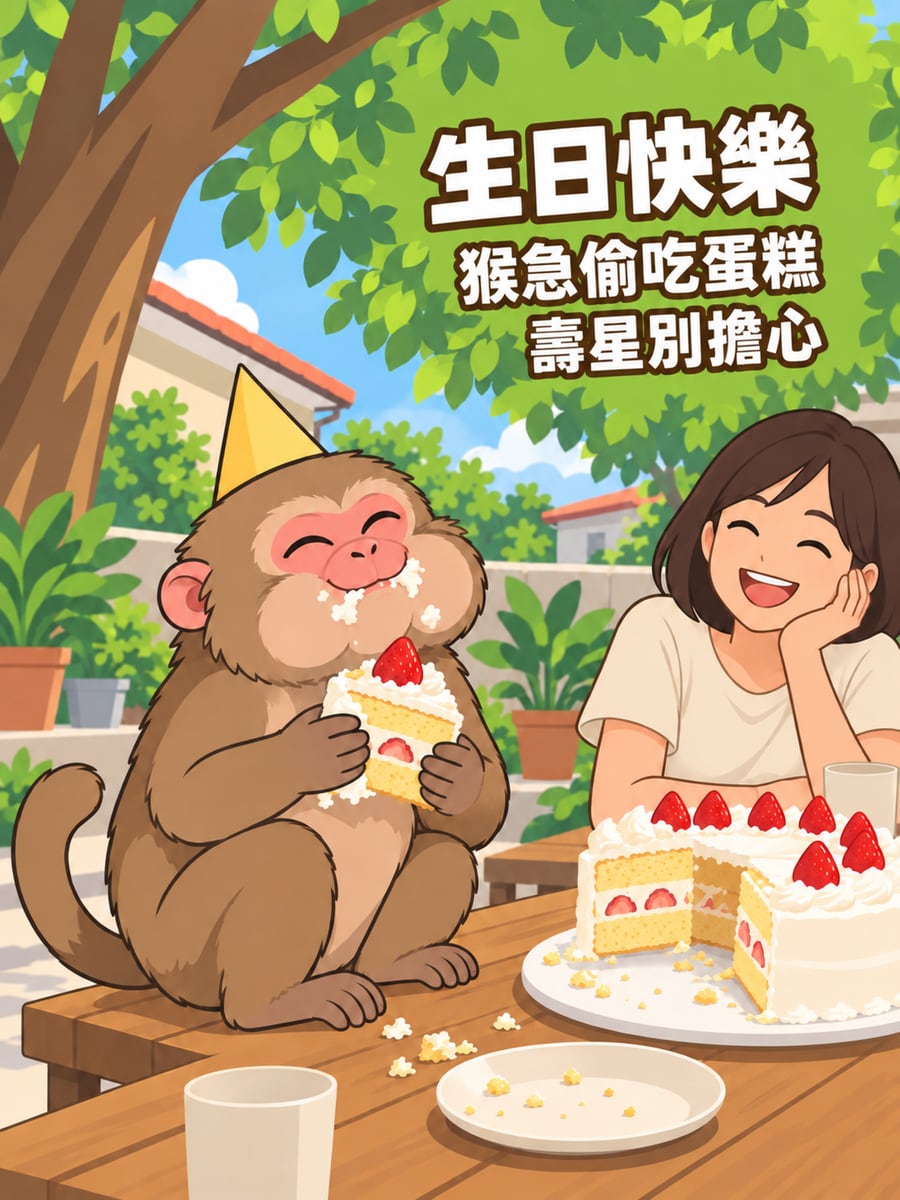獼猴搶先吃蛋糕。圖中文字：生日快樂，猴急偷吃蛋糕，壽星別擔心