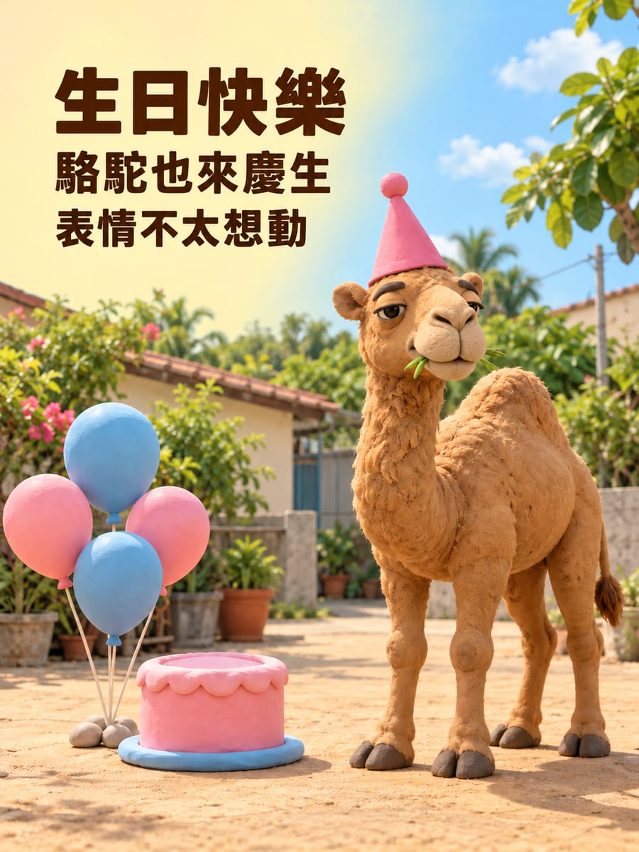 駱駝戴派對帽。圖中文字：生日快樂，駱駝也來慶生，表情不太想動