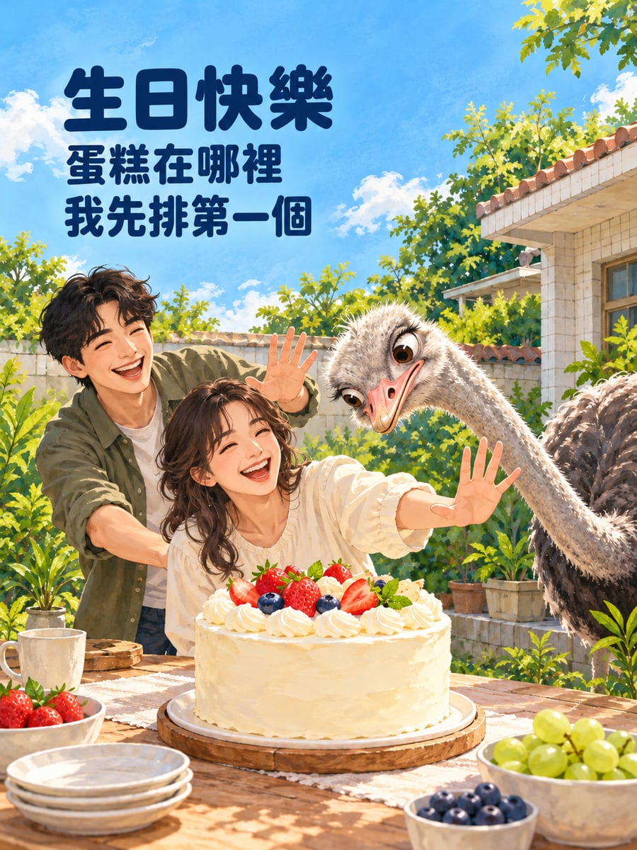 鴕鳥搶第一口。圖中文字：生日快樂，蛋糕在哪裡，我先排第一個