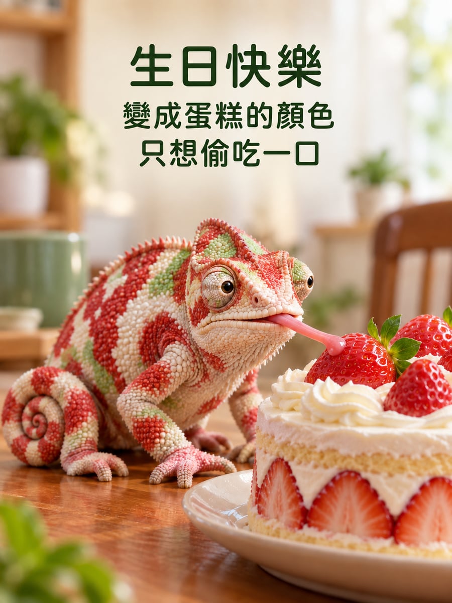 變色龍變成蛋糕色。圖中文字：生日快樂，變成蛋糕的顏色，只想偷吃一口