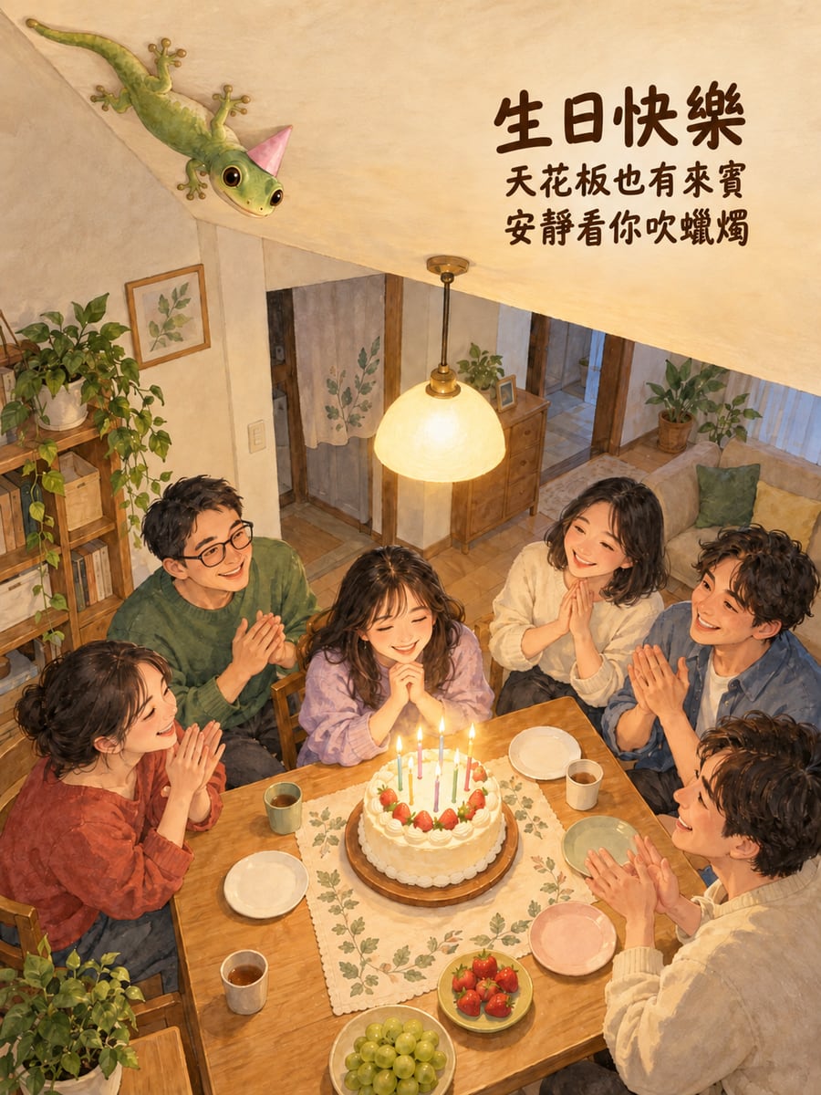 壁虎天花板賓客。圖中文字：生日快樂，天花板也有來賓，安靜看你吹蠟燭