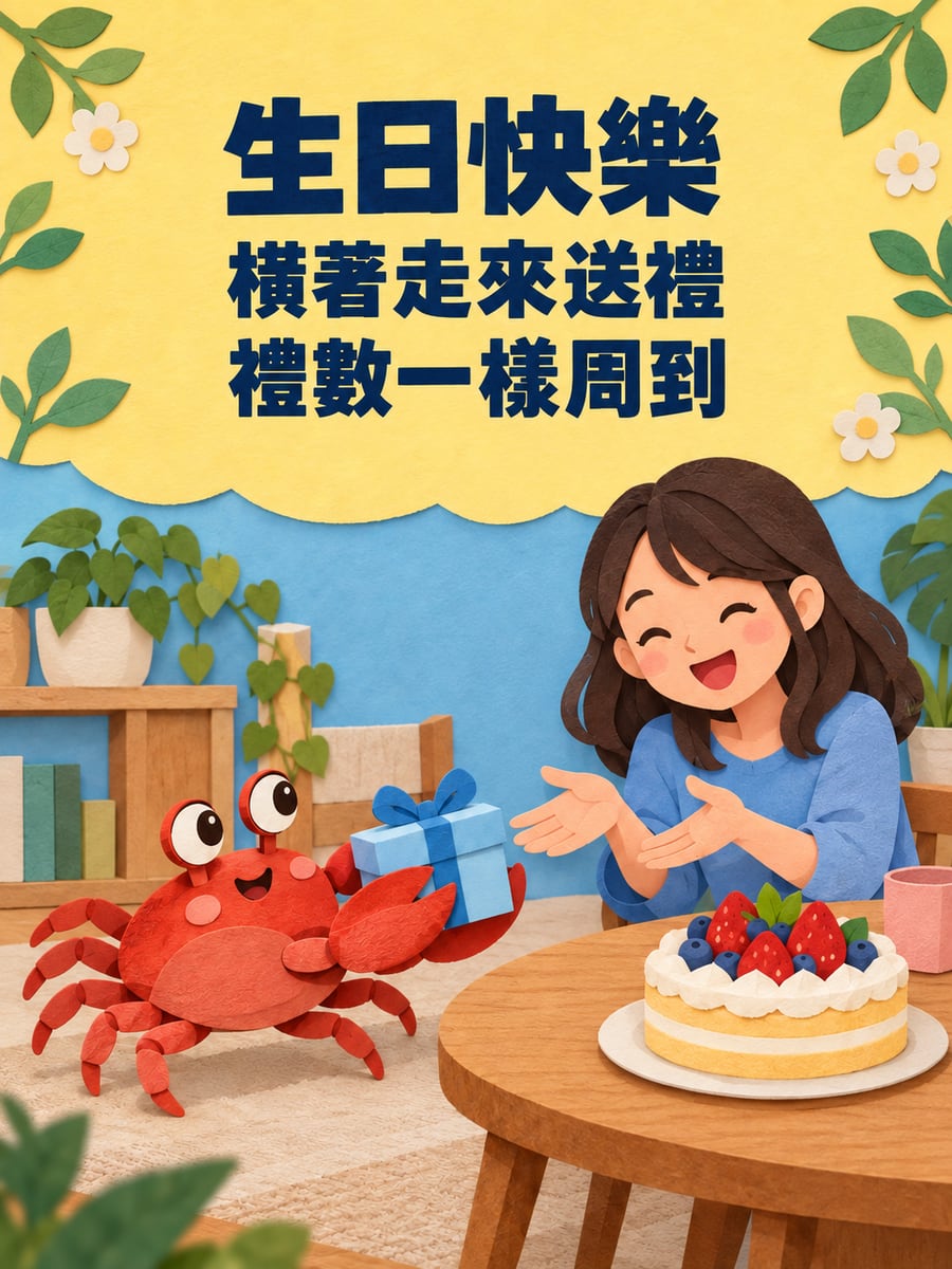 螃蟹橫著送禮。圖中文字：生日快樂，橫著走來送禮，禮數一樣周到