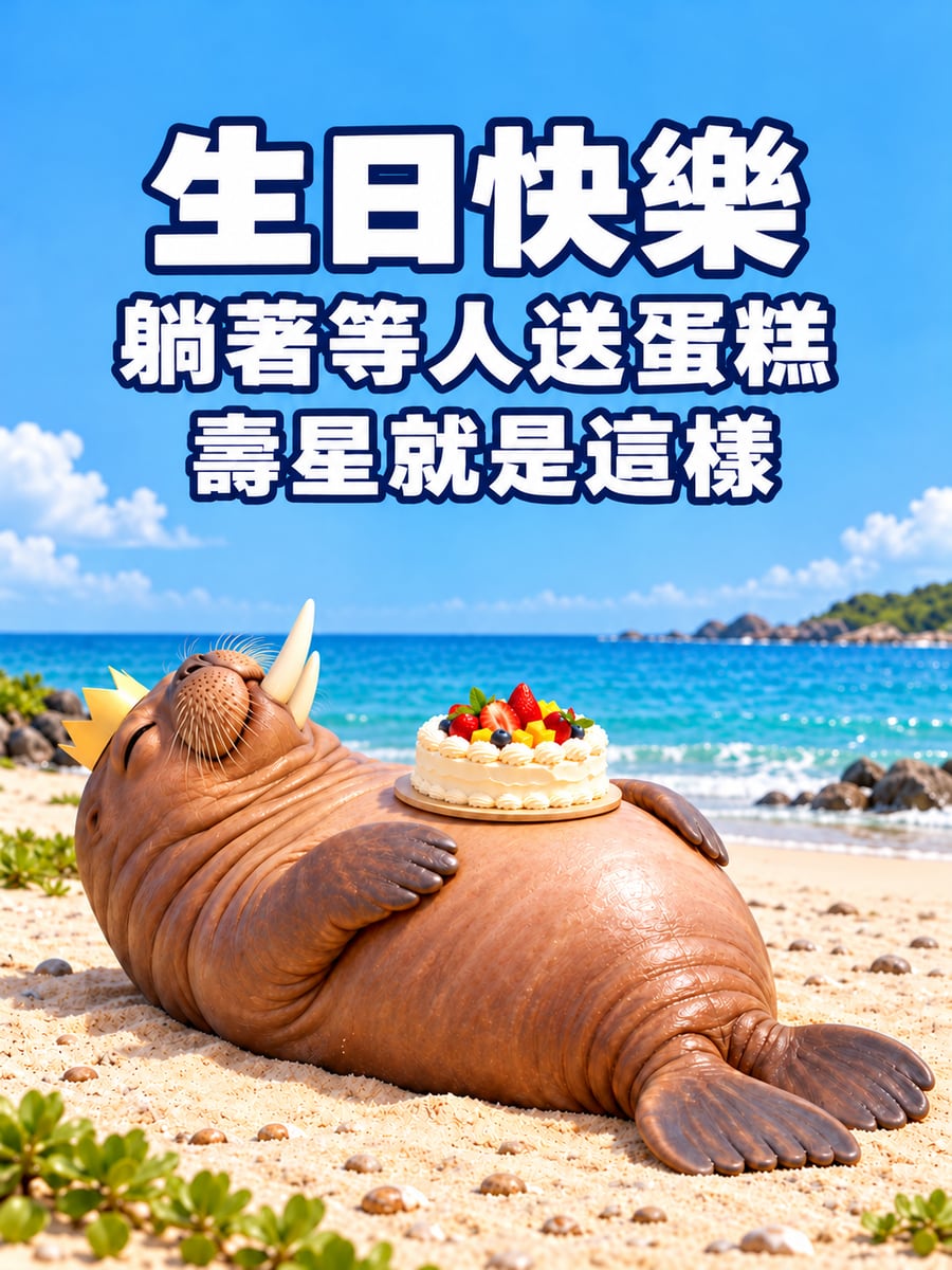 海象躺平等蛋糕。圖中文字：生日快樂，躺著等人送蛋糕，壽星就是這樣