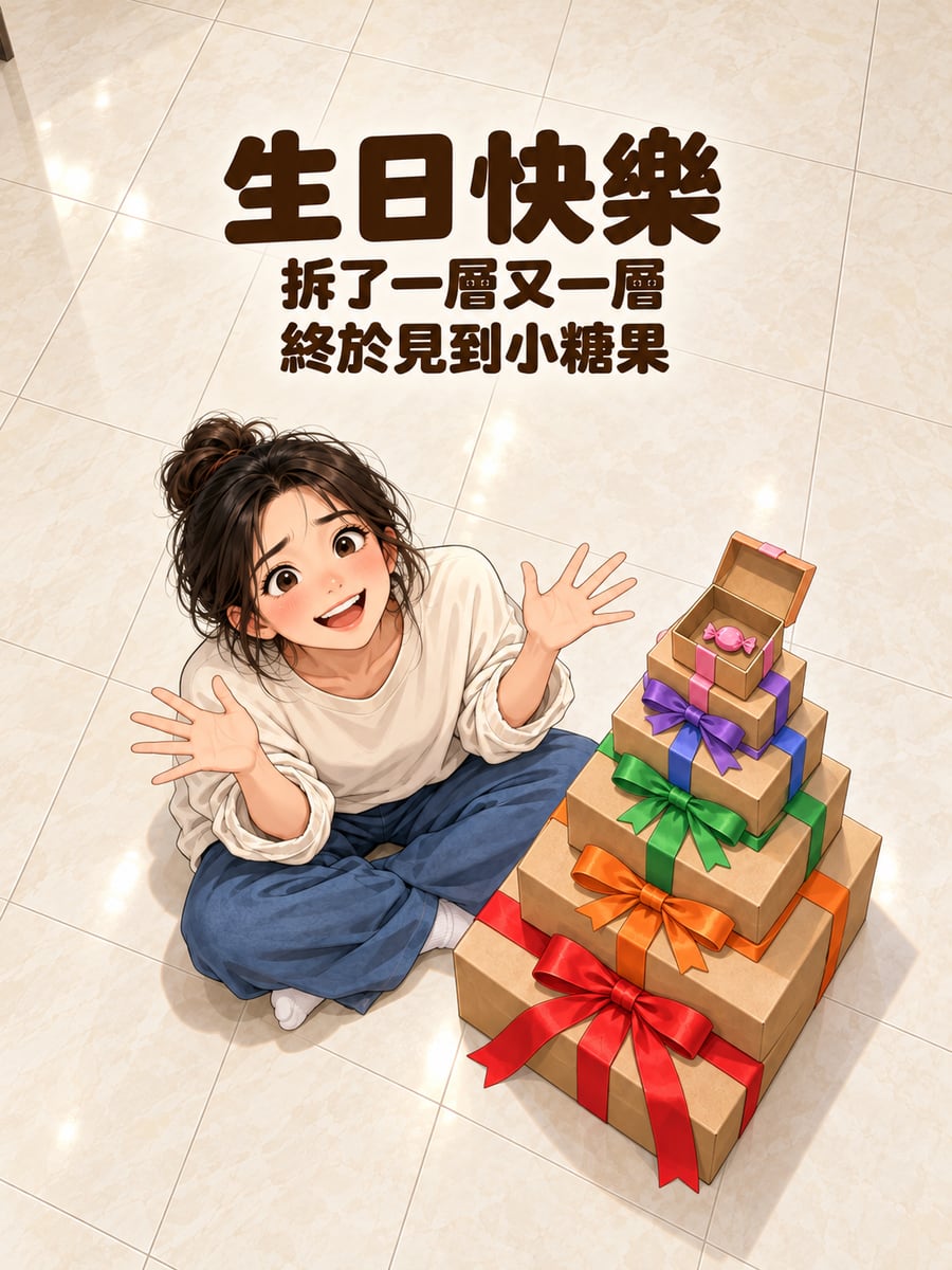 禮物盒一層又一層。圖中文字：生日快樂，拆了一層又一層，終於見到小糖果