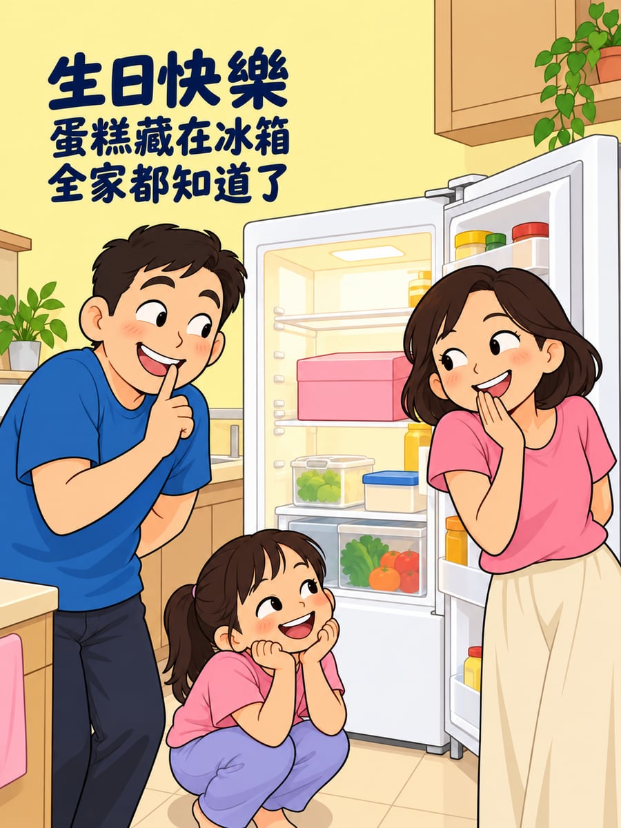 冰箱裡藏的蛋糕。圖中文字：生日快樂，蛋糕藏在冰箱，全家都知道了