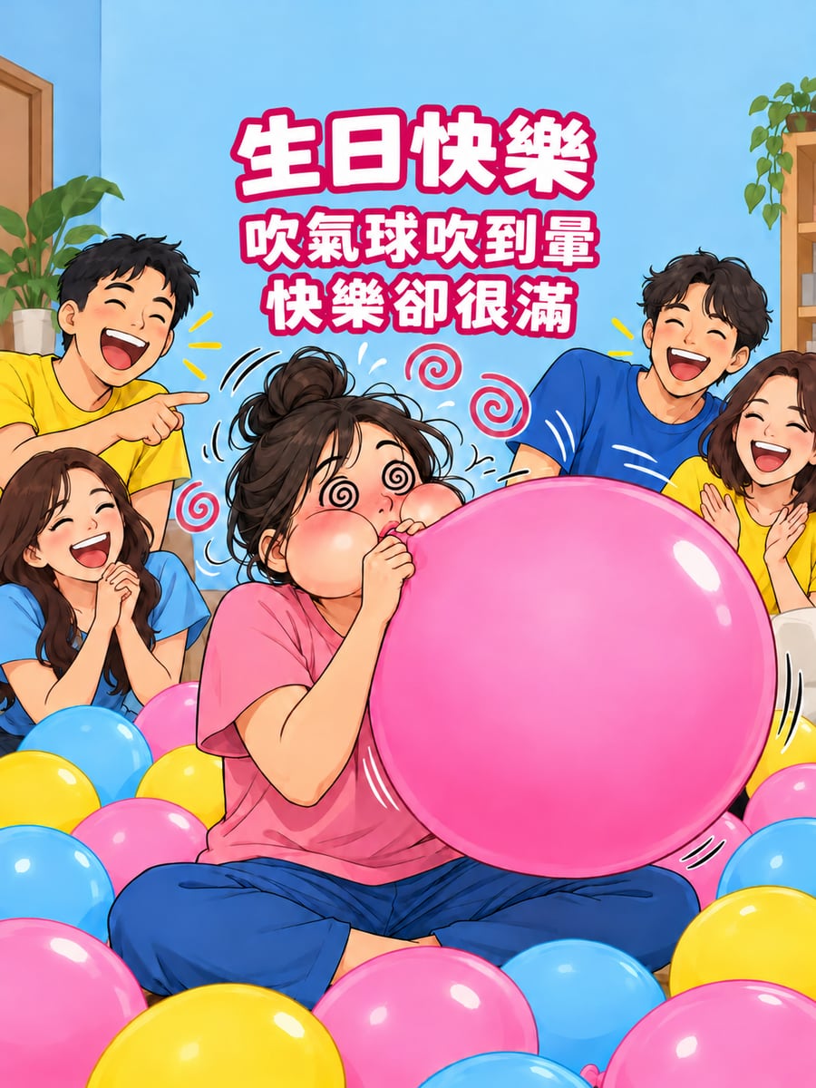 吹氣球吹到頭暈。圖中文字：生日快樂，吹氣球吹到暈，快樂卻很滿