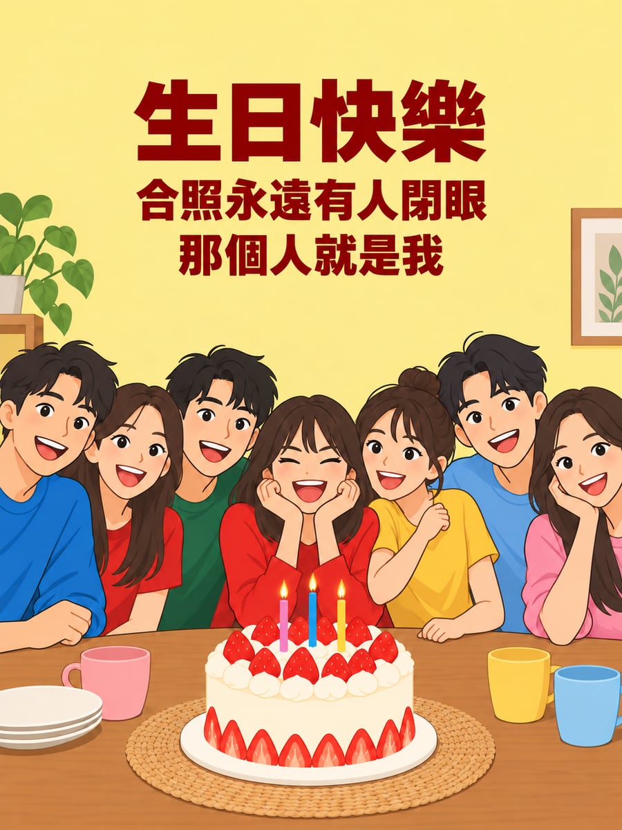 合照總有人閉眼。圖中文字：生日快樂，合照永遠有人閉眼，那個人就是我