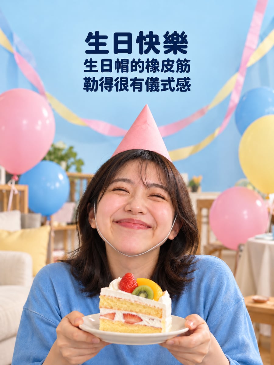 生日帽橡皮筋。圖中文字：生日快樂，生日帽的橡皮筋，勒得很有儀式感