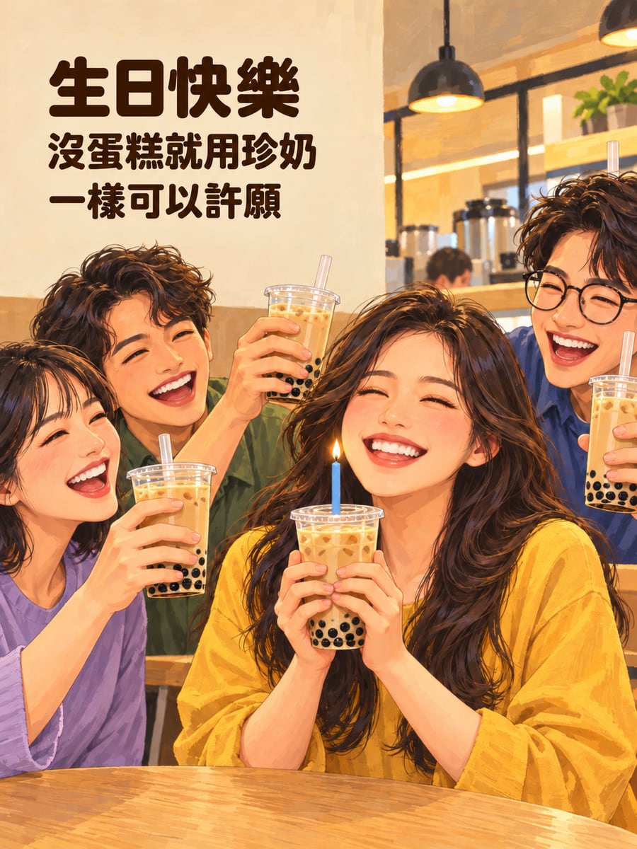 沒蛋糕就用珍奶。圖中文字：生日快樂，沒蛋糕就用珍奶，一樣可以許願