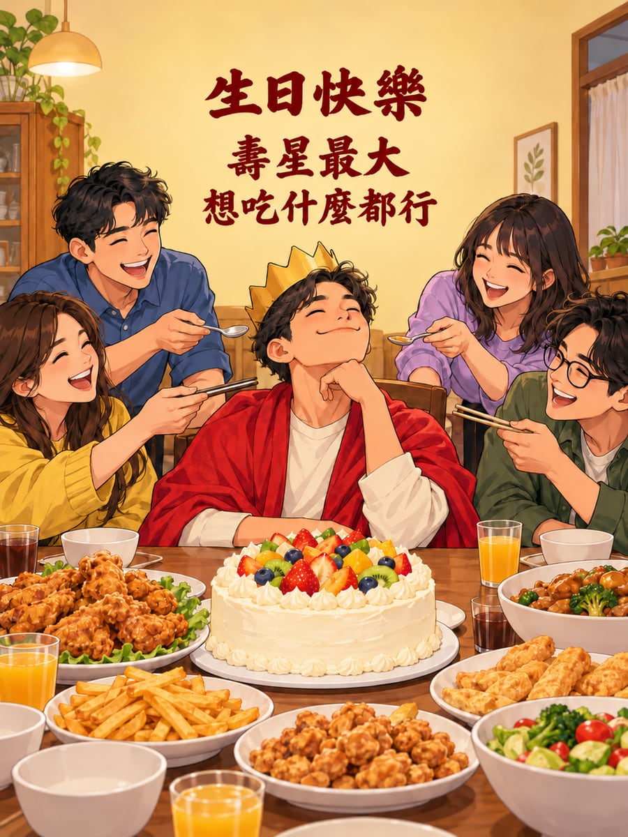 壽星最大。圖中文字：生日快樂，壽星最大，想吃什麼都行