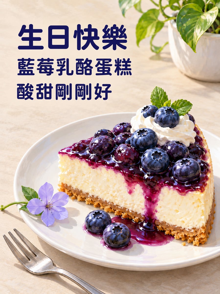 藍莓乳酪蛋糕。圖中文字：生日快樂，藍莓乳酪蛋糕，酸甜剛剛好