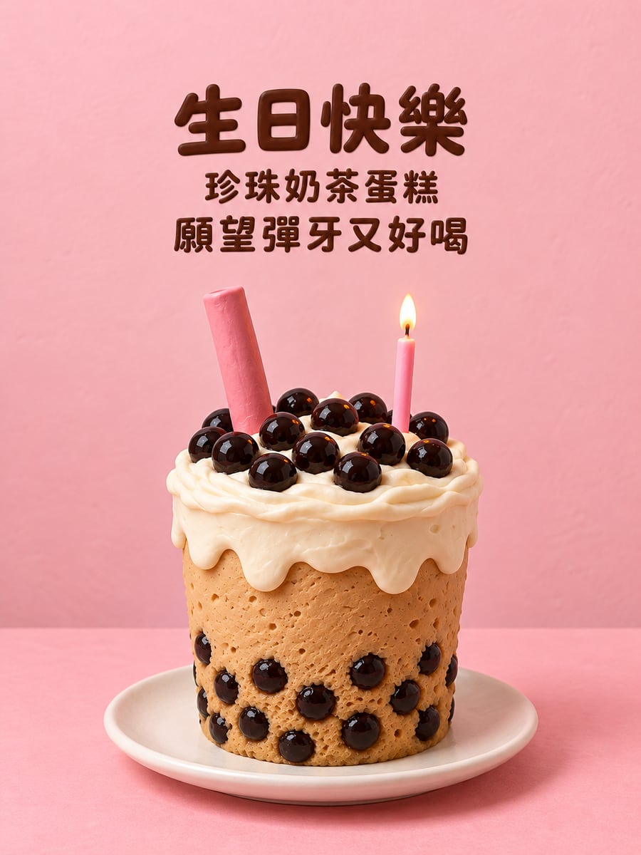 珍珠奶茶造型蛋糕。圖中文字：生日快樂，珍珠奶茶蛋糕，願望彈牙又好喝