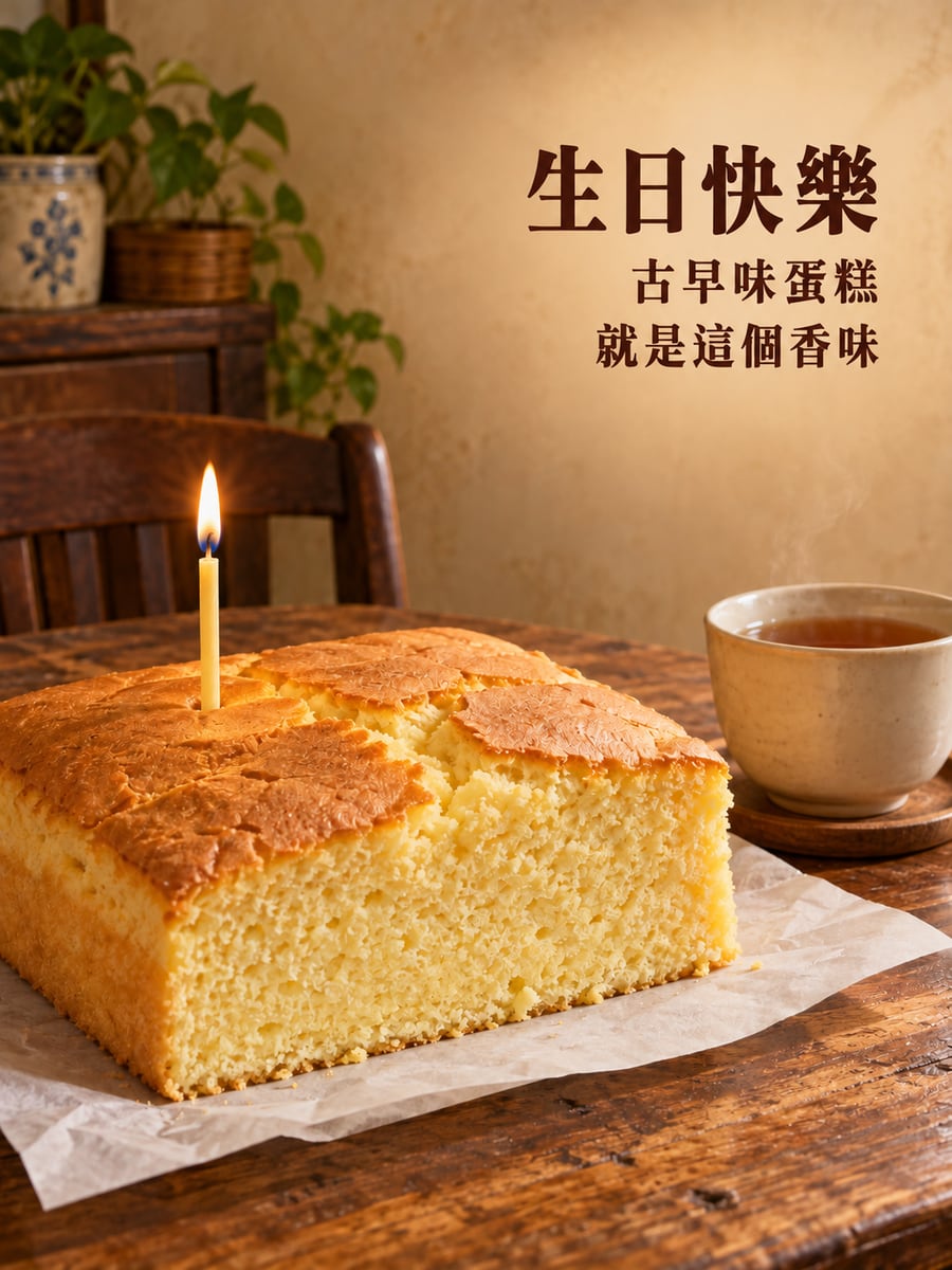 古早味蛋糕。圖中文字：生日快樂，古早味蛋糕，就是這個香味