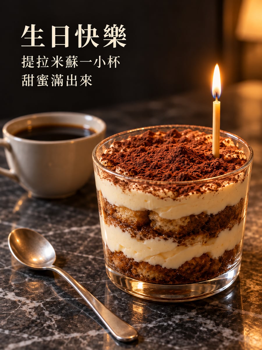 提拉米蘇一小杯。圖中文字：生日快樂，提拉米蘇一小杯，甜蜜滿出來