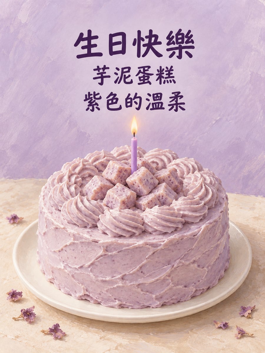 芋泥蛋糕。圖中文字：生日快樂，芋泥蛋糕，紫色的溫柔