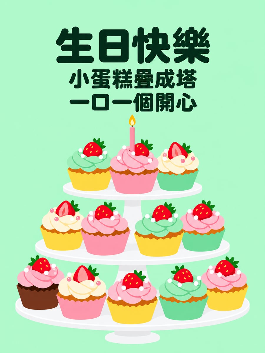 小蛋糕疊成塔。圖中文字：生日快樂，小蛋糕疊成塔，一口一個開心