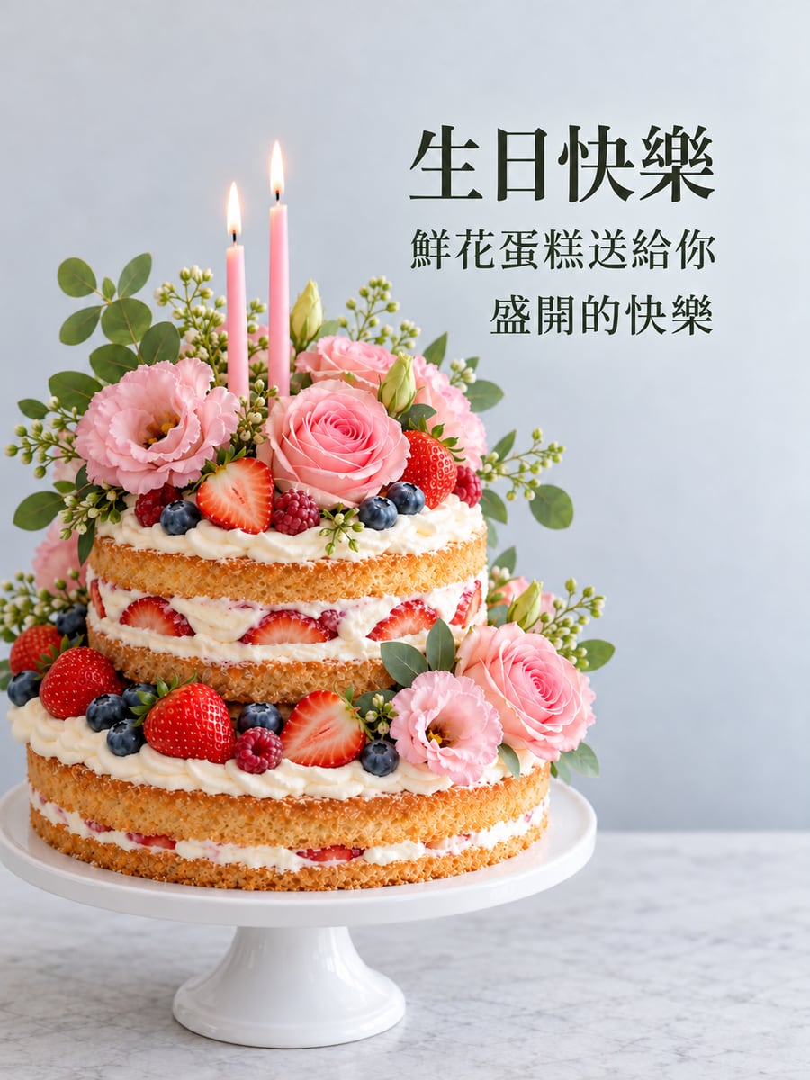 鮮花裸蛋糕。圖中文字：生日快樂，鮮花蛋糕送給你，盛開的快樂