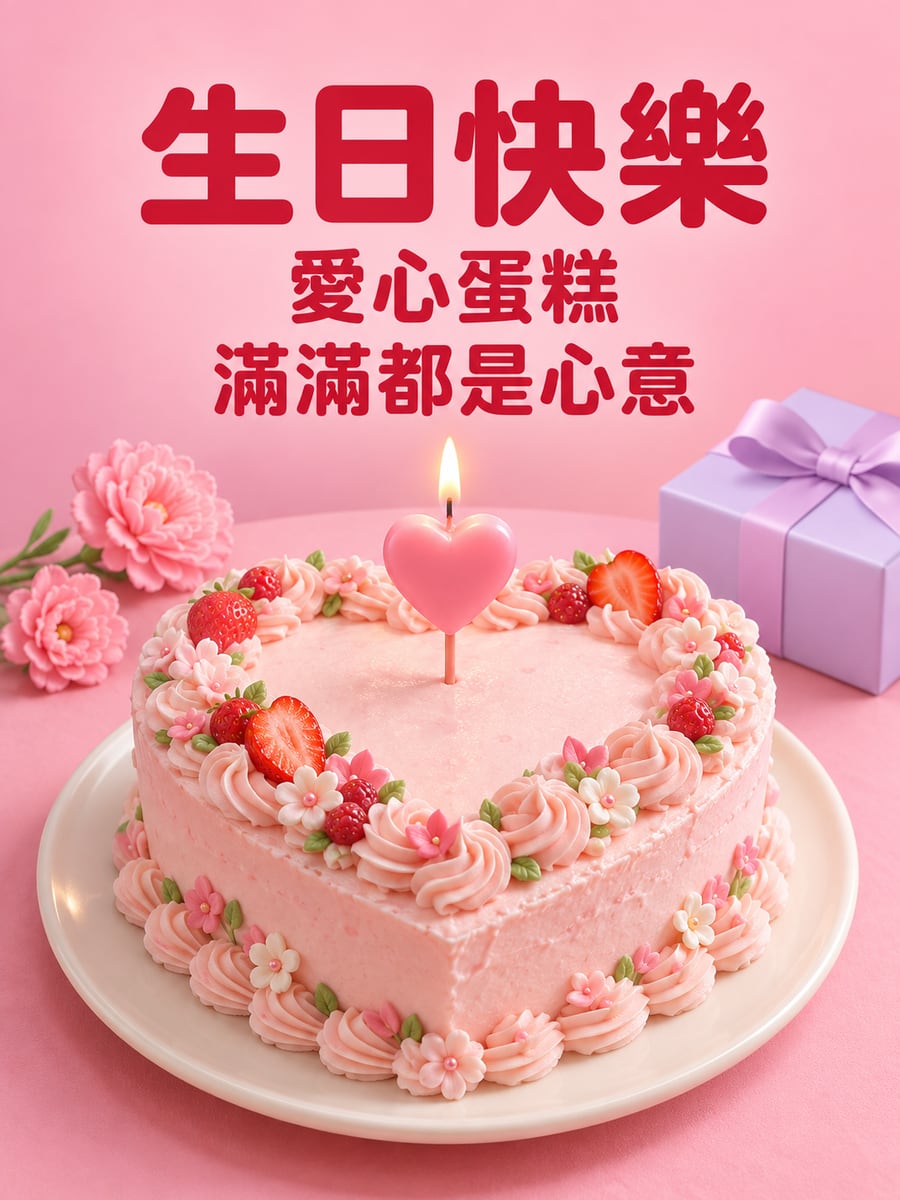 愛心蛋糕。圖中文字：生日快樂，愛心蛋糕，滿滿都是心意