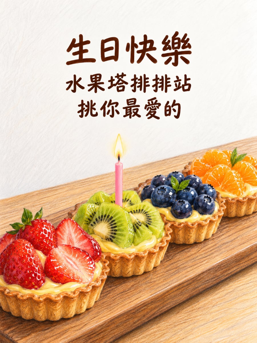 水果塔排排站。圖中文字：生日快樂，水果塔排排站，挑你最愛的