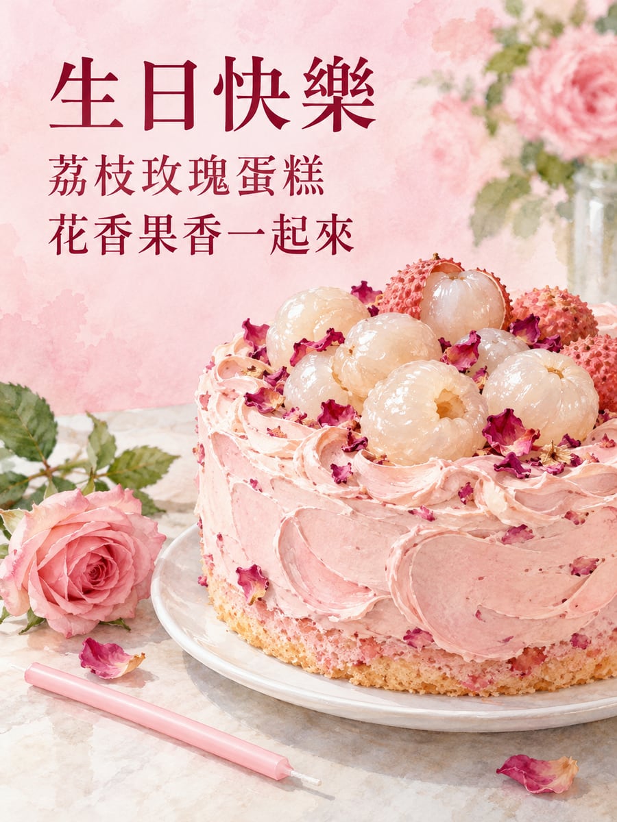 荔枝玫瑰蛋糕。圖中文字：生日快樂，荔枝玫瑰蛋糕，花香果香一起來
