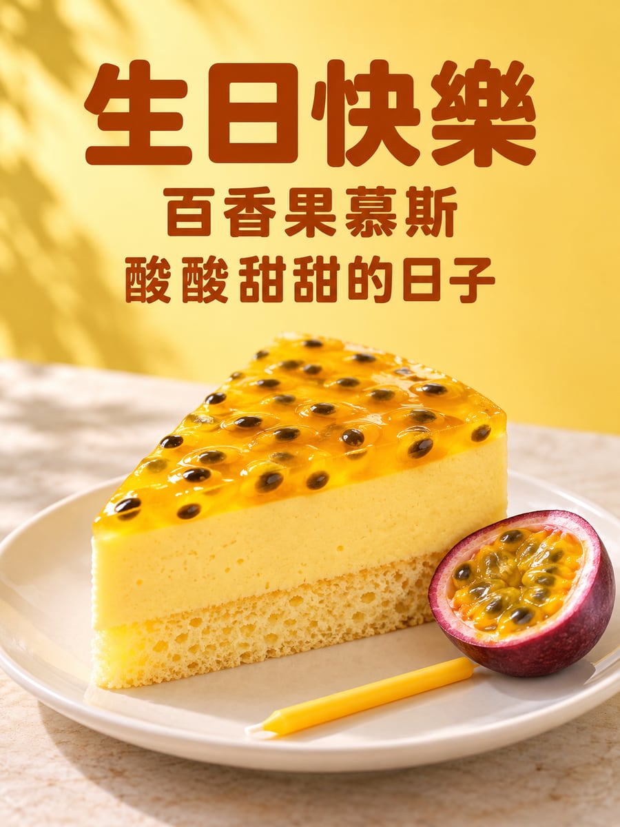 百香果慕斯。圖中文字：生日快樂，百香果慕斯，酸酸甜甜的日子