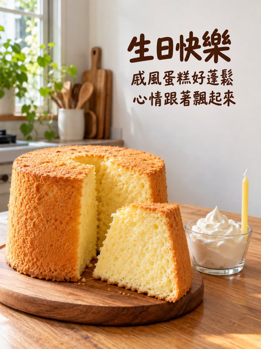 戚風蛋糕好蓬鬆。圖中文字：生日快樂，戚風蛋糕好蓬鬆，心情跟著飄起來