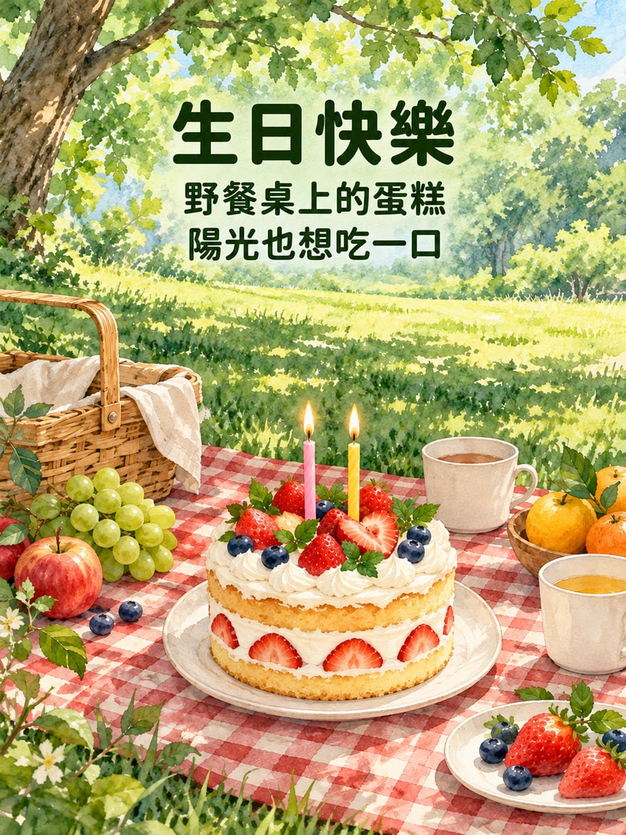野餐桌上的蛋糕。圖中文字：生日快樂，野餐桌上的蛋糕，陽光也想吃一口