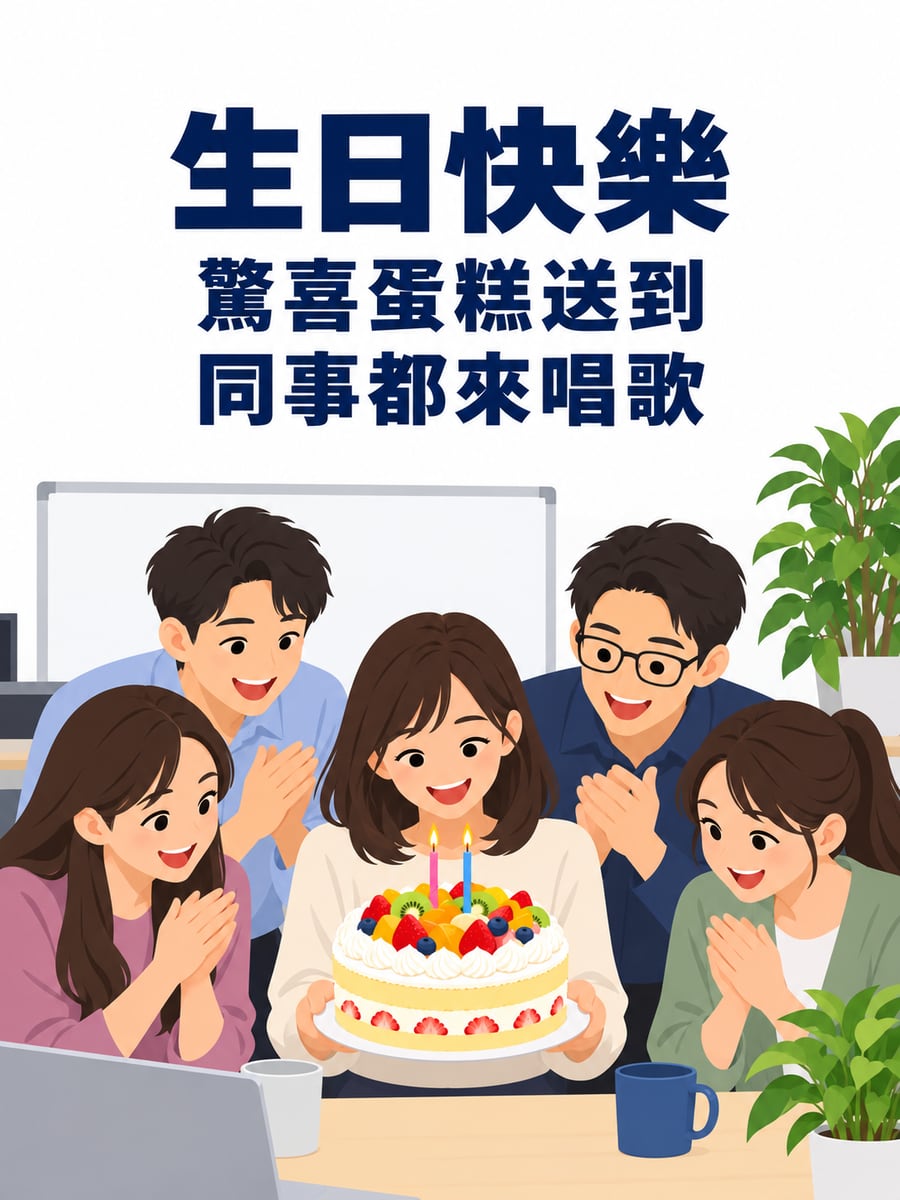 驚喜蛋糕送到。圖中文字：生日快樂，驚喜蛋糕送到，同事都來唱歌