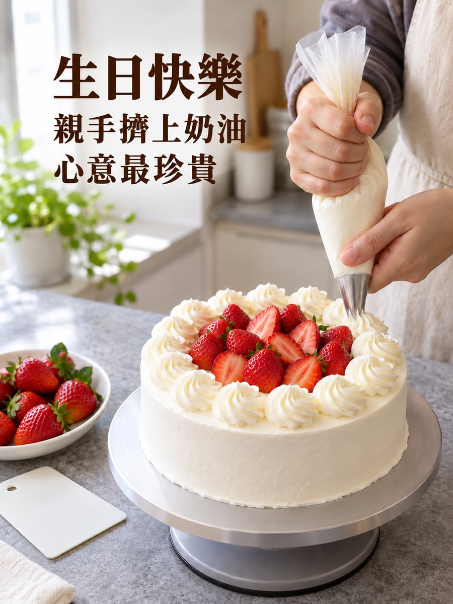 親手擠上奶油。圖中文字：生日快樂，親手擠上奶油，心意最珍貴
