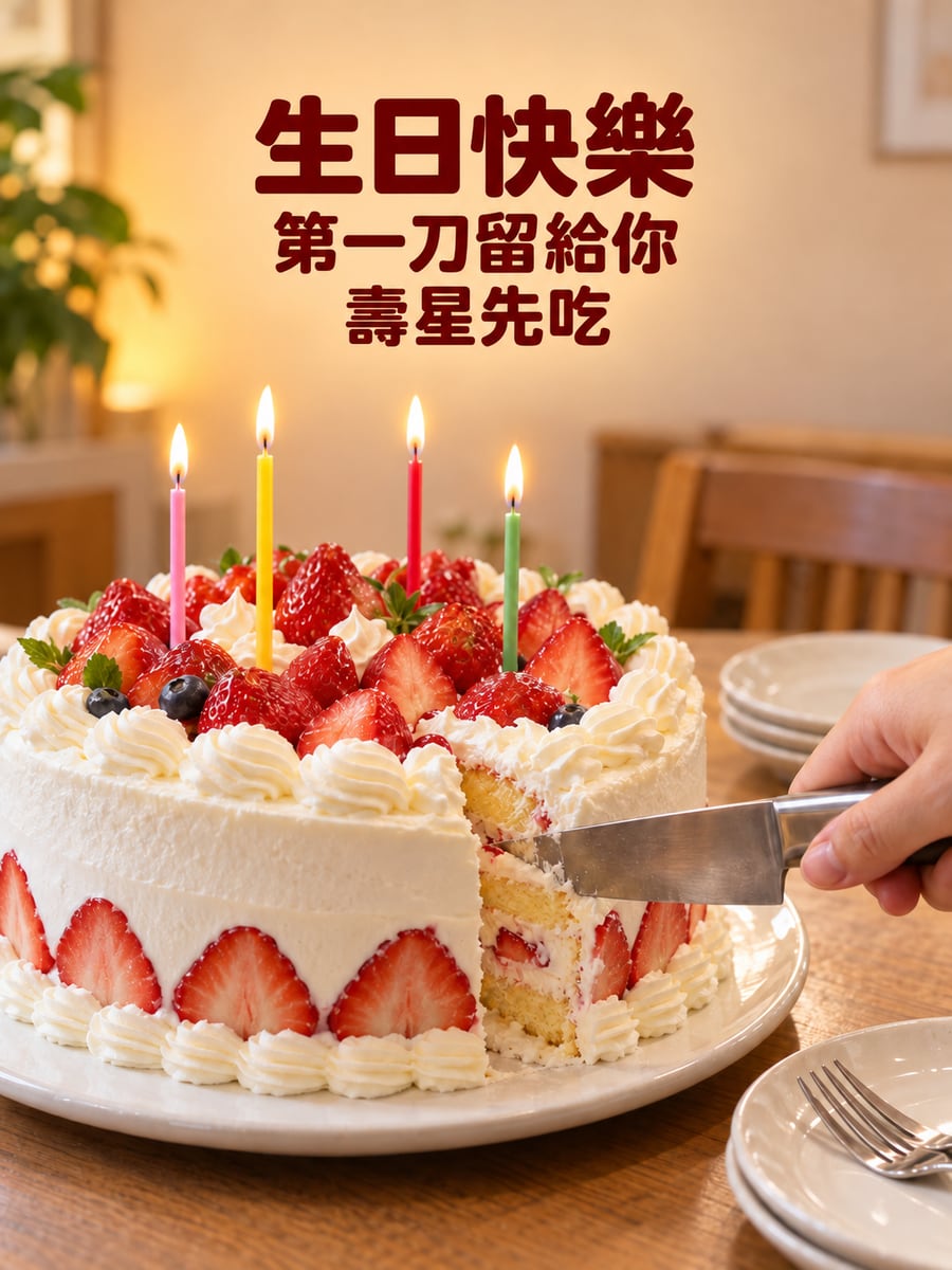第一刀留給壽星。圖中文字：生日快樂，第一刀留給你，壽星先吃