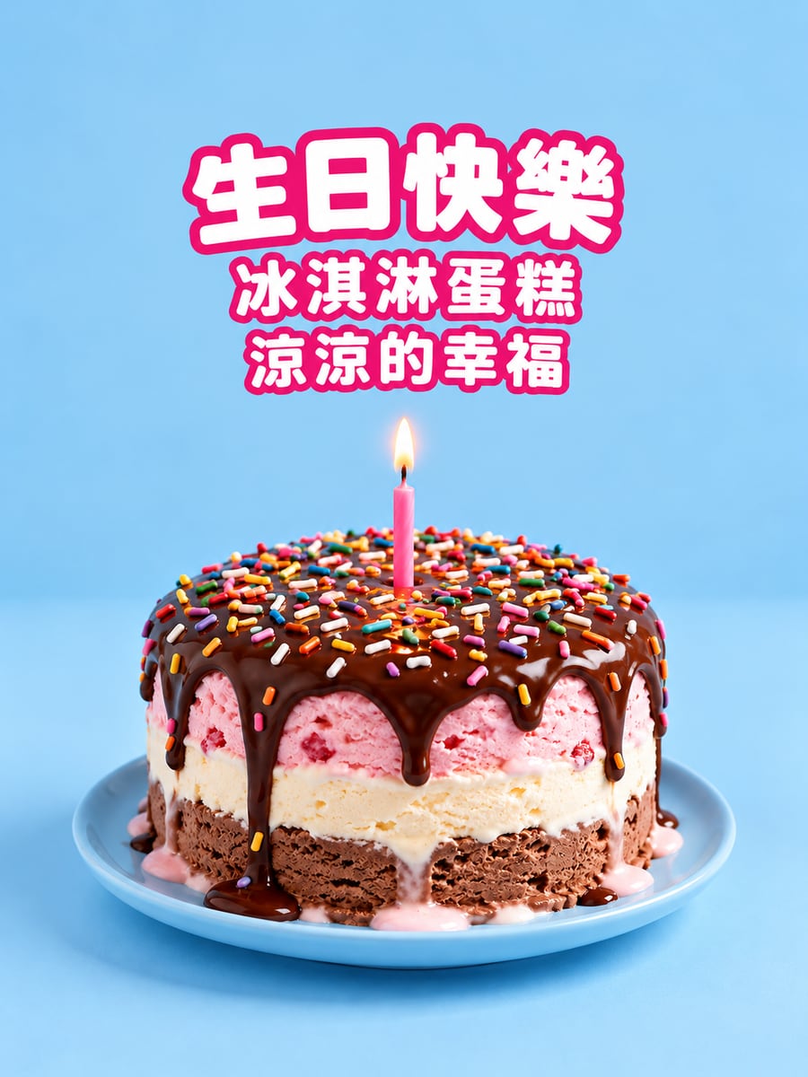 冰淇淋蛋糕。圖中文字：生日快樂，冰淇淋蛋糕，涼涼的幸福