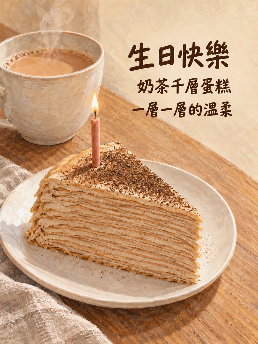 奶茶千層蛋糕。圖中文字：生日快樂，奶茶千層蛋糕，一層一層的溫柔