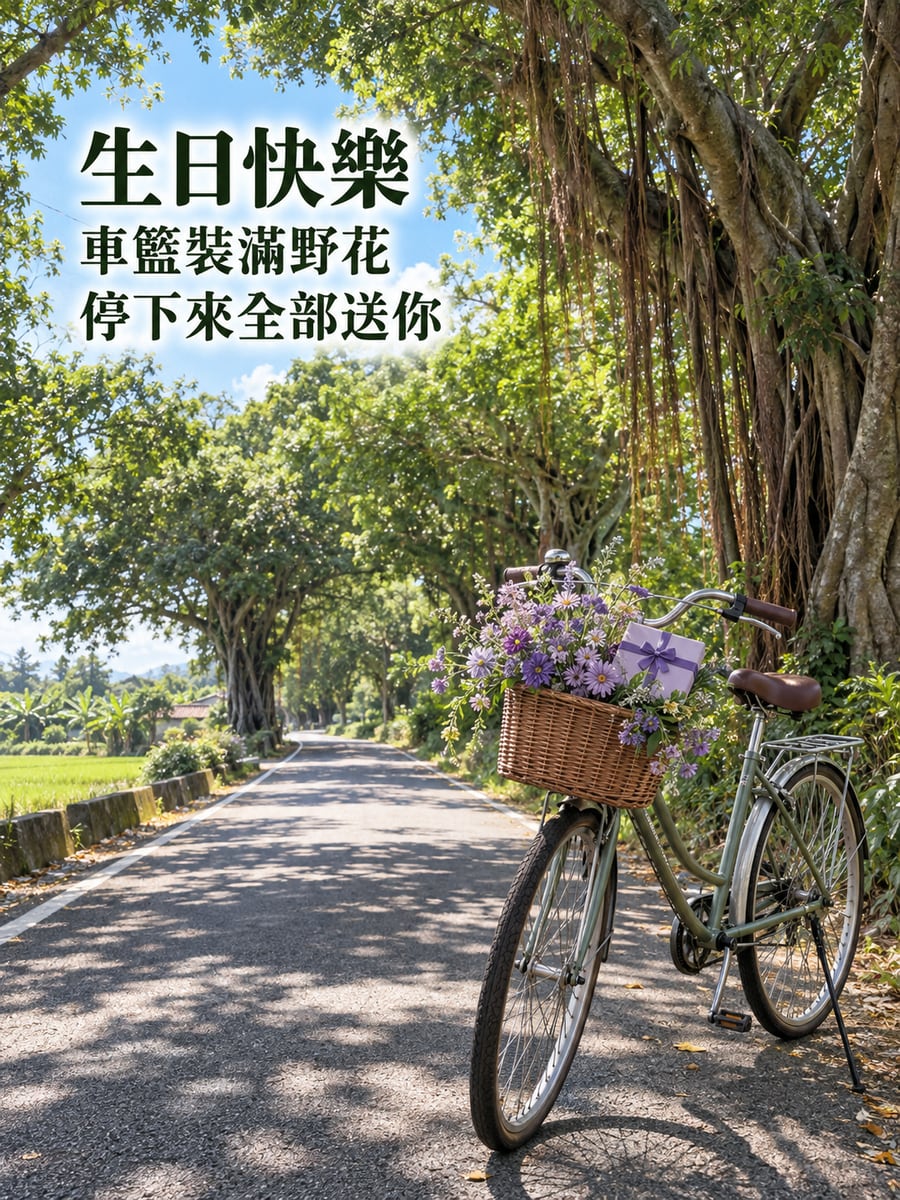 綠色隧道的花籃。圖中文字：生日快樂，車籃裝滿野花，停下來全部送你