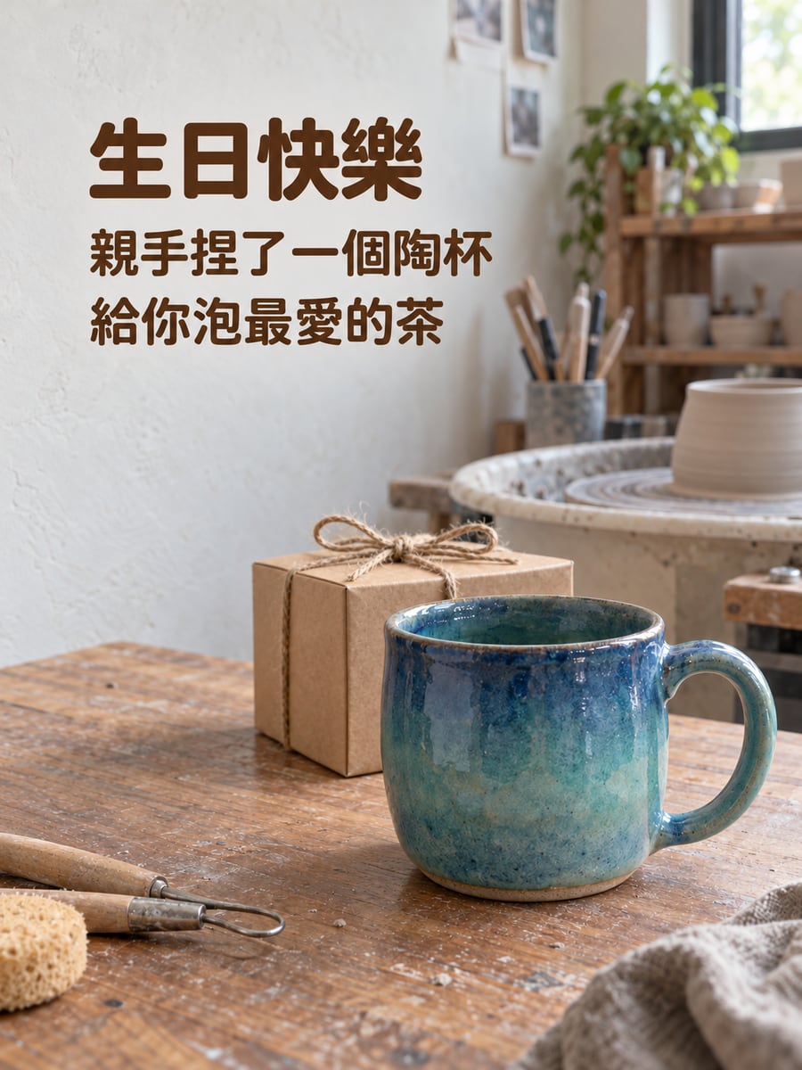 親手捏的陶杯。圖中文字：生日快樂，親手捏了一個陶杯，給你泡最愛的茶
