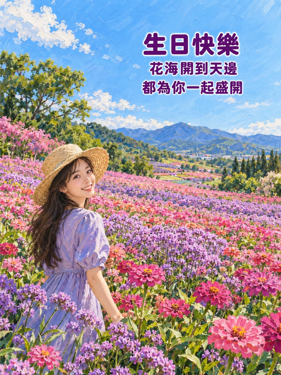 新社花海。圖中文字：生日快樂，花海開到天邊，都為你一起盛開